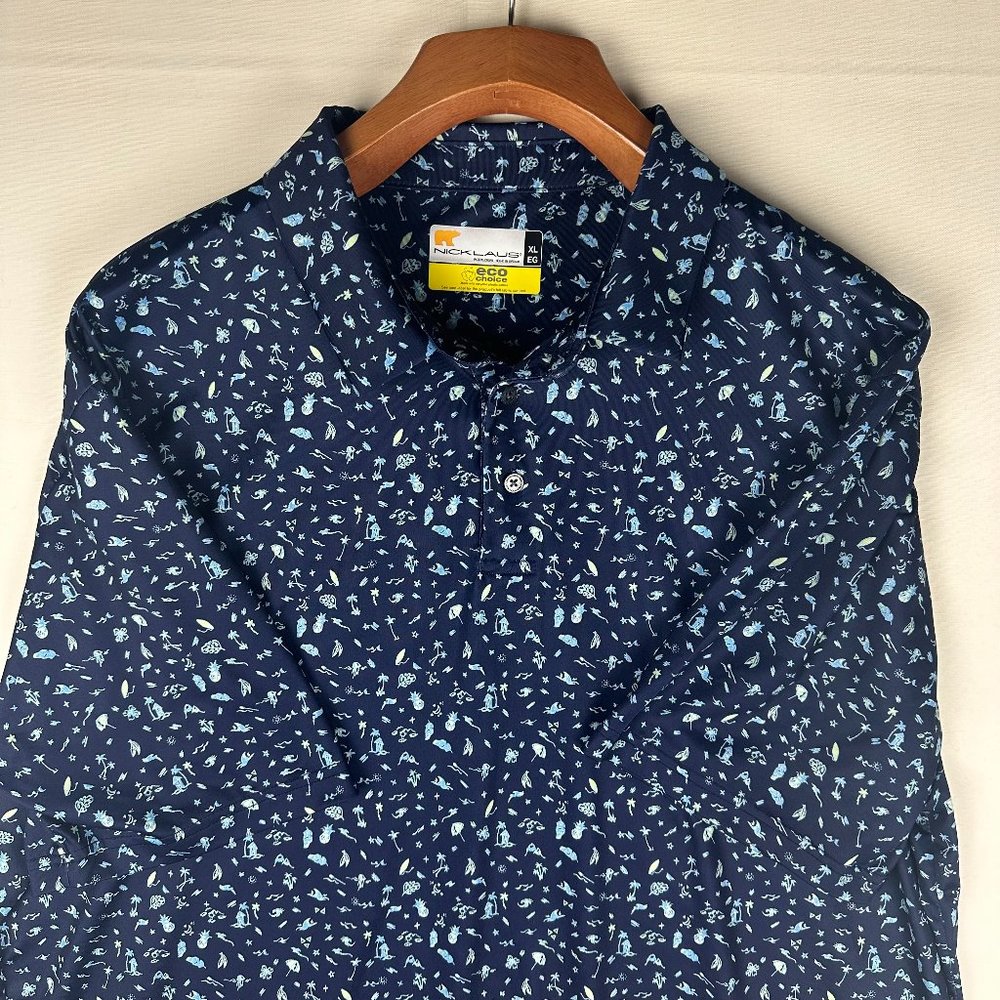 Jack Nicklaus Mens XL White Blue All Over Print Staydri Short Sleeve Polo Shirt